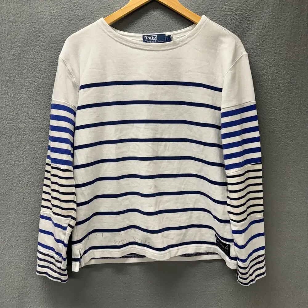 Polo Ralph Lauren Shirt Womens Medium Nautical Stripe Blue White Cotton Naval - Picture 1 of 9
